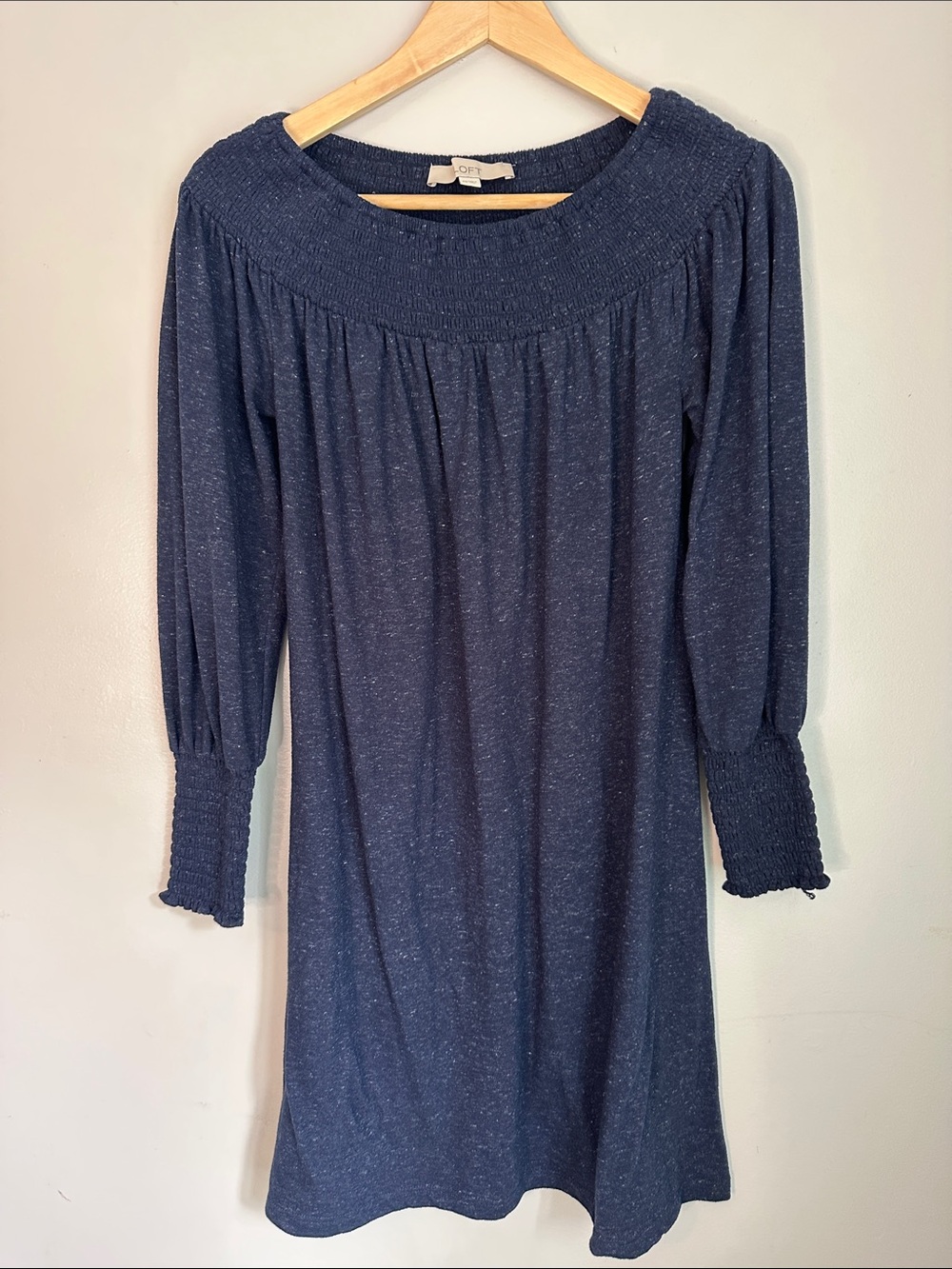 LOFT Navy Heathered Smocked Textured Long Sleeve Dress, XS
